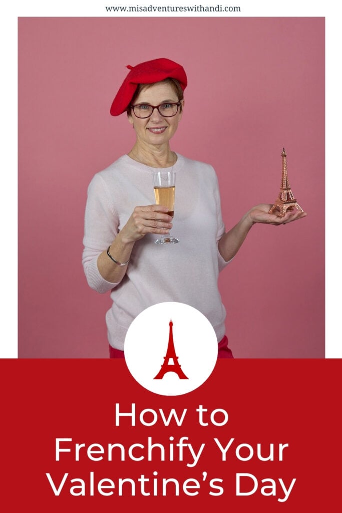 Andi in Quince sweater and beret with glass of chamgne and eiffel tower PIN