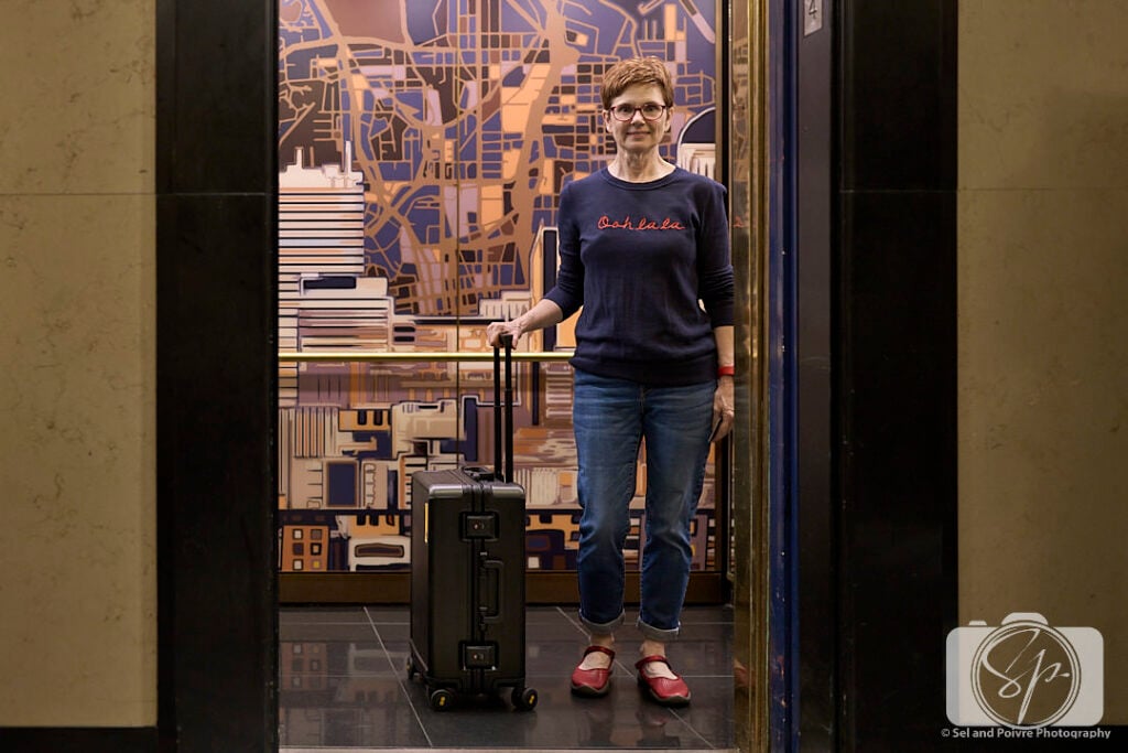 Andi in the Elevator in the Kimpton Cardinal hotel