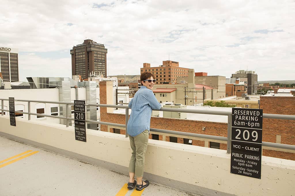 Andi on the Roof in Billings in her Chico's Summer Travel Collection