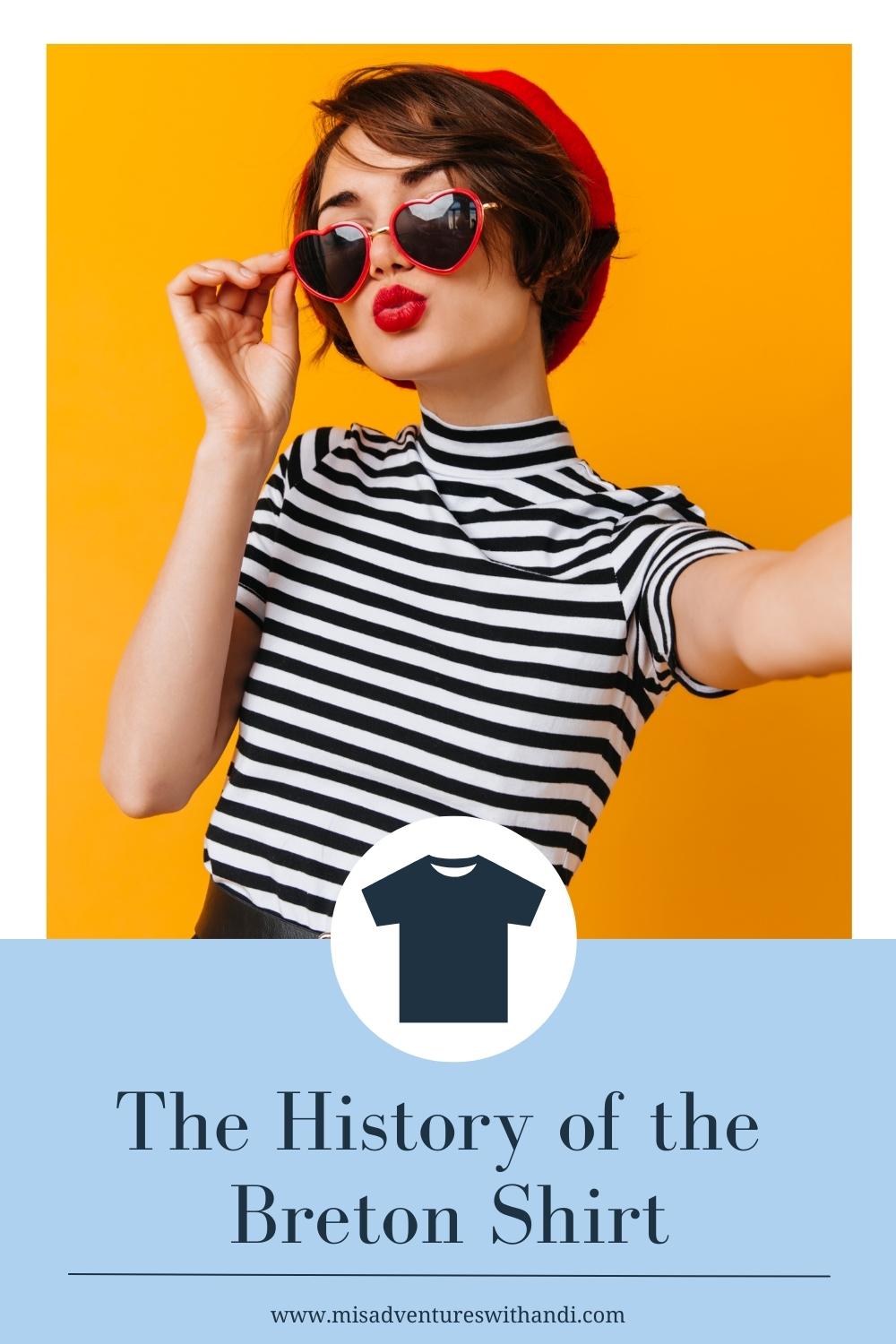 The French Breton Striped Shirt girl in blue and white striped shirt and red beret with red sunglasses