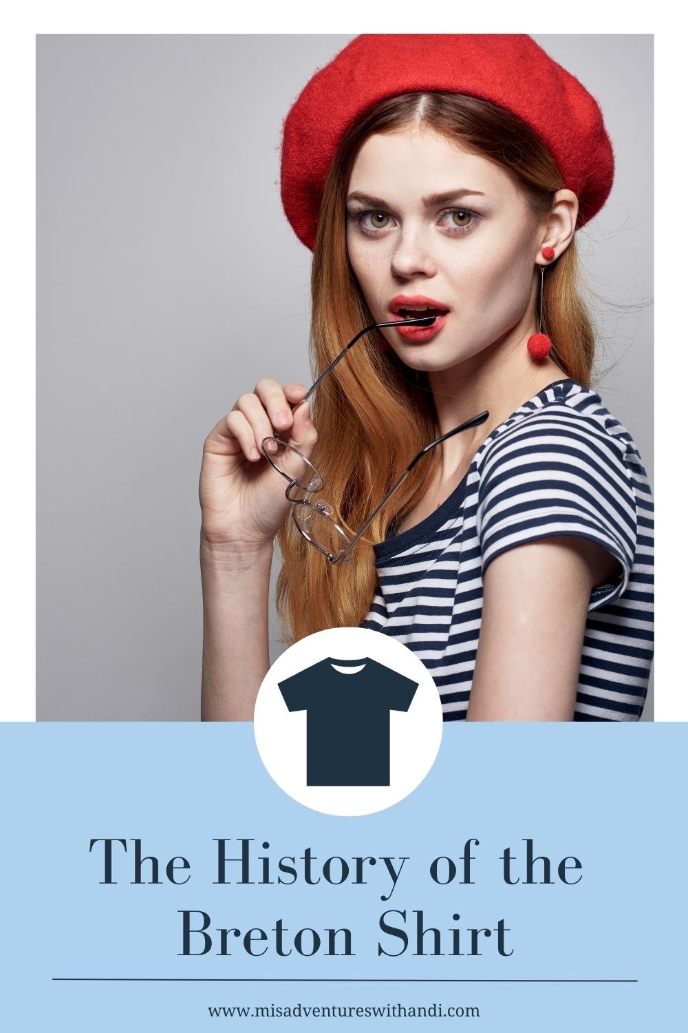 The French Breton Striped Shirt woman in blue and white striped shirt and red beretE