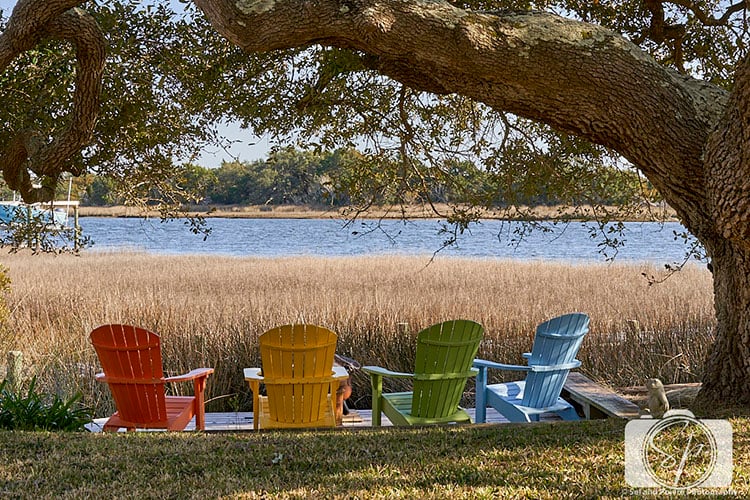 Colorful Chairs facing Carrot Island on Front Street in Beaufort North Carolina