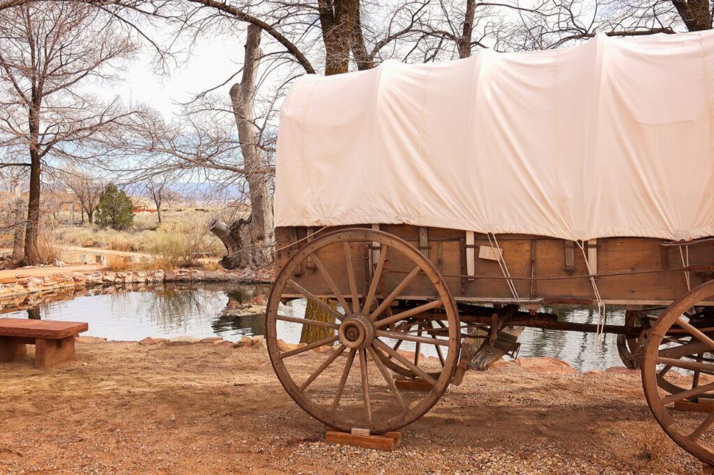 Covered Wagon Sits Next to Natural Spring Water