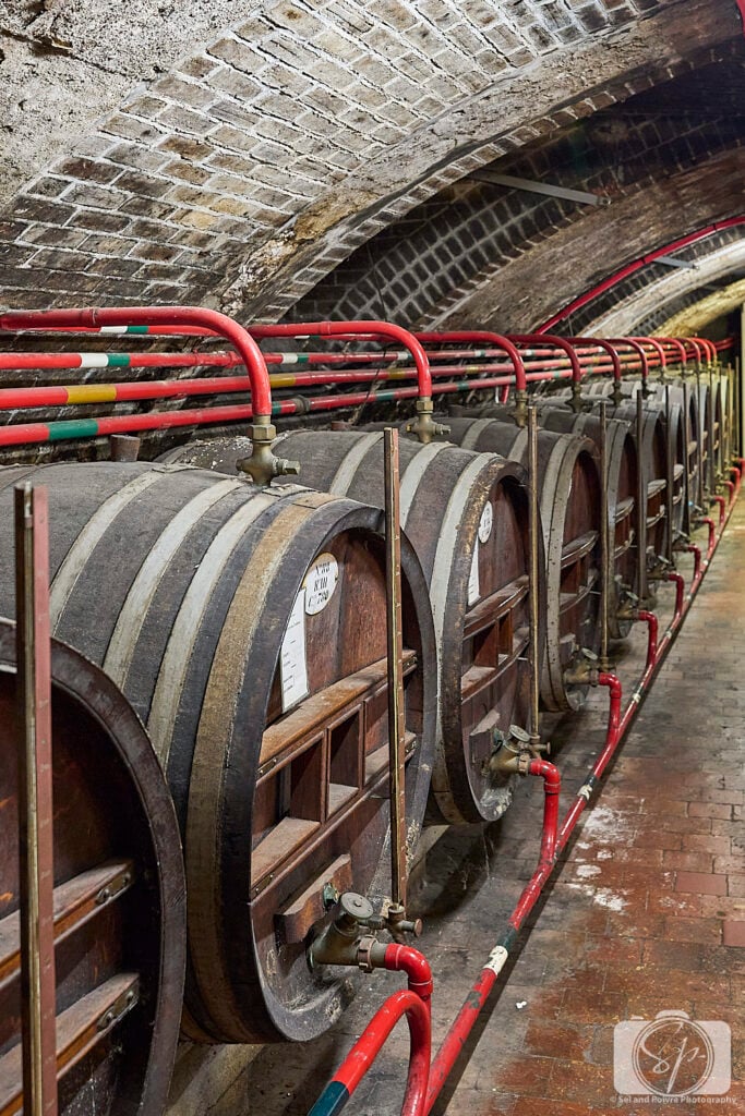 cellar with French oak barrels of benedictine liqueur