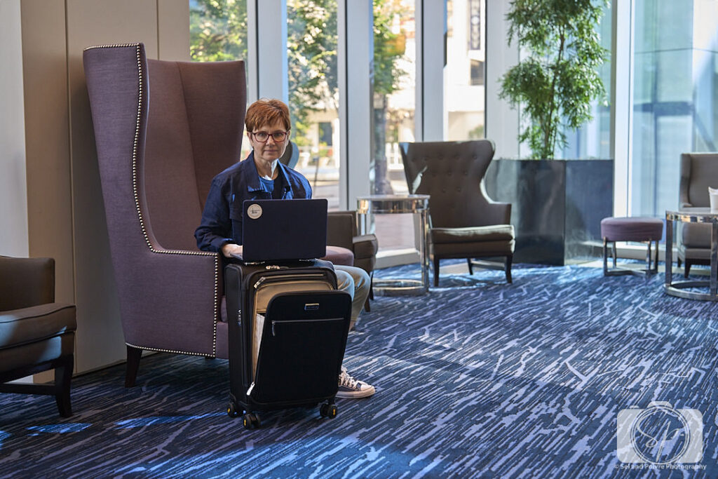 Inside the Kimpton Tryon Park Hotel lobby with Level8 Capture Carry on 2