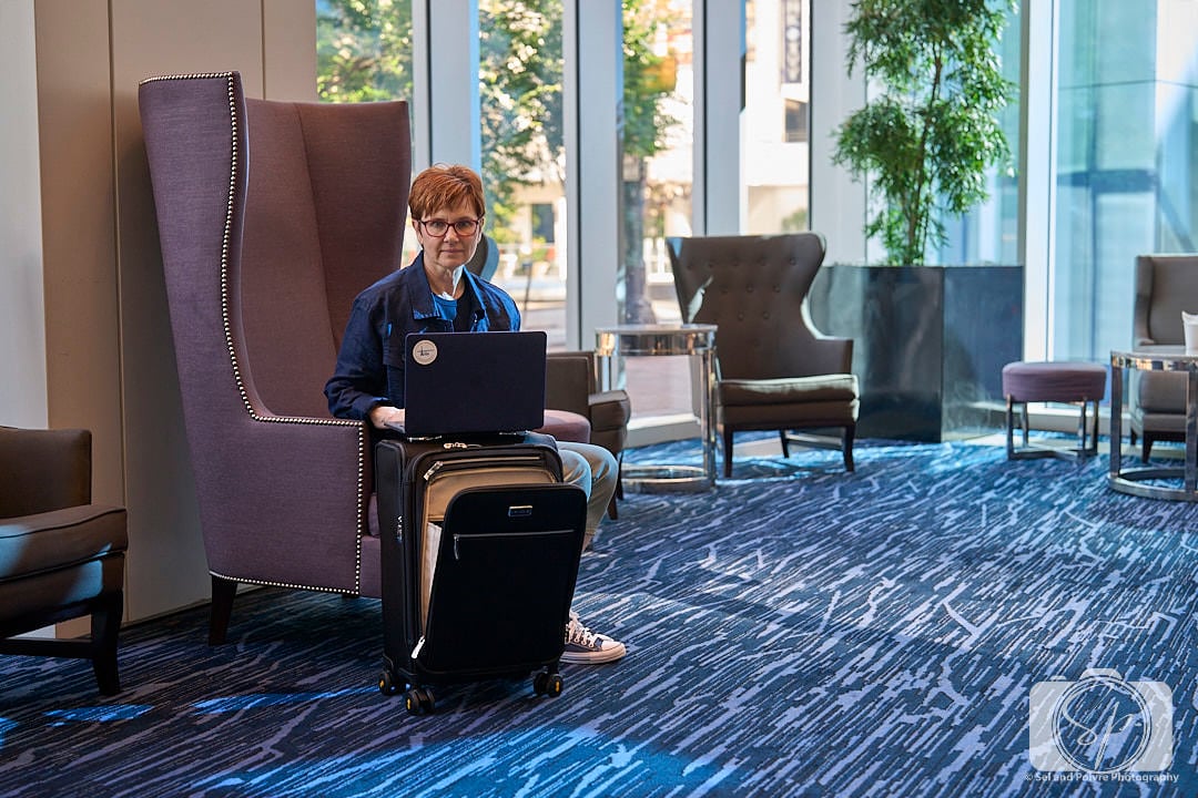 Inside the Kimpton Tryon Park Hotel lobby with Level8 Capture Carry on 2