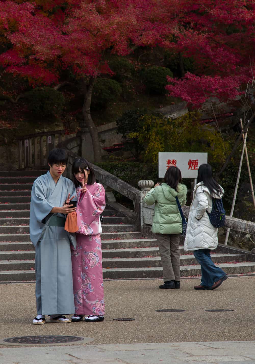 Wearing a Kimono in Kyoto: Couple in Kimonos at a Temple in Kyoto