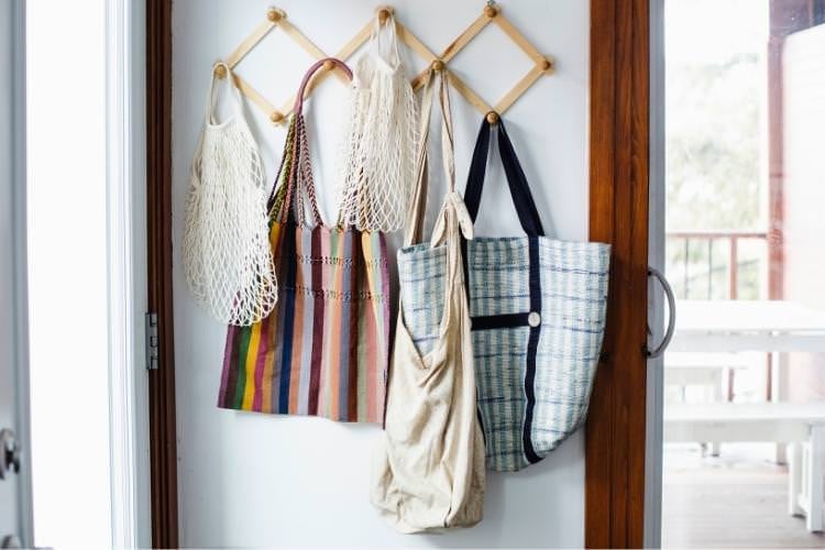 reusable bags hanging on hook