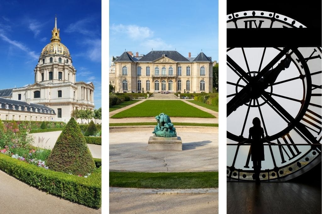 collage of les invalides, rodin museum and orsay museum in paris
