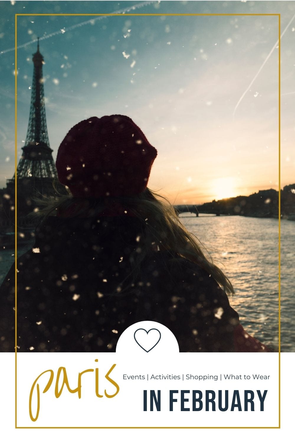 girl in snowy weather looking at the eiffel tower in a distance