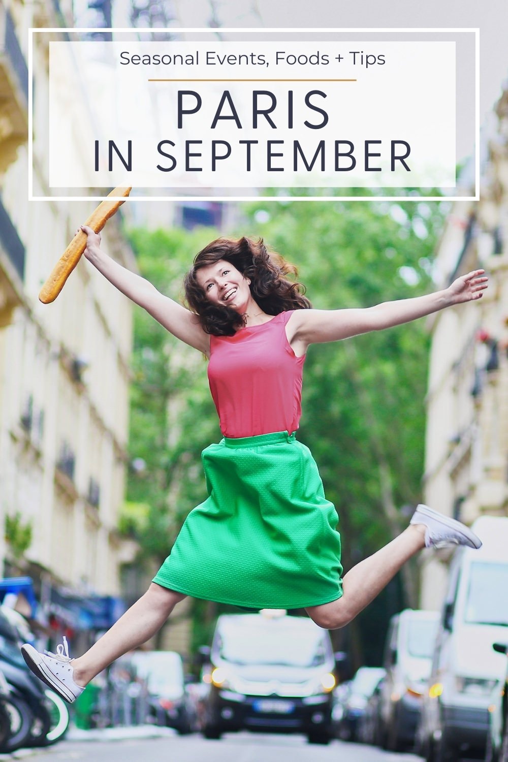September in Paris girl leaping the air with baguette