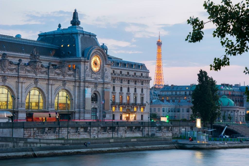Paris Orsay Museum and Eiffel Tower at Night