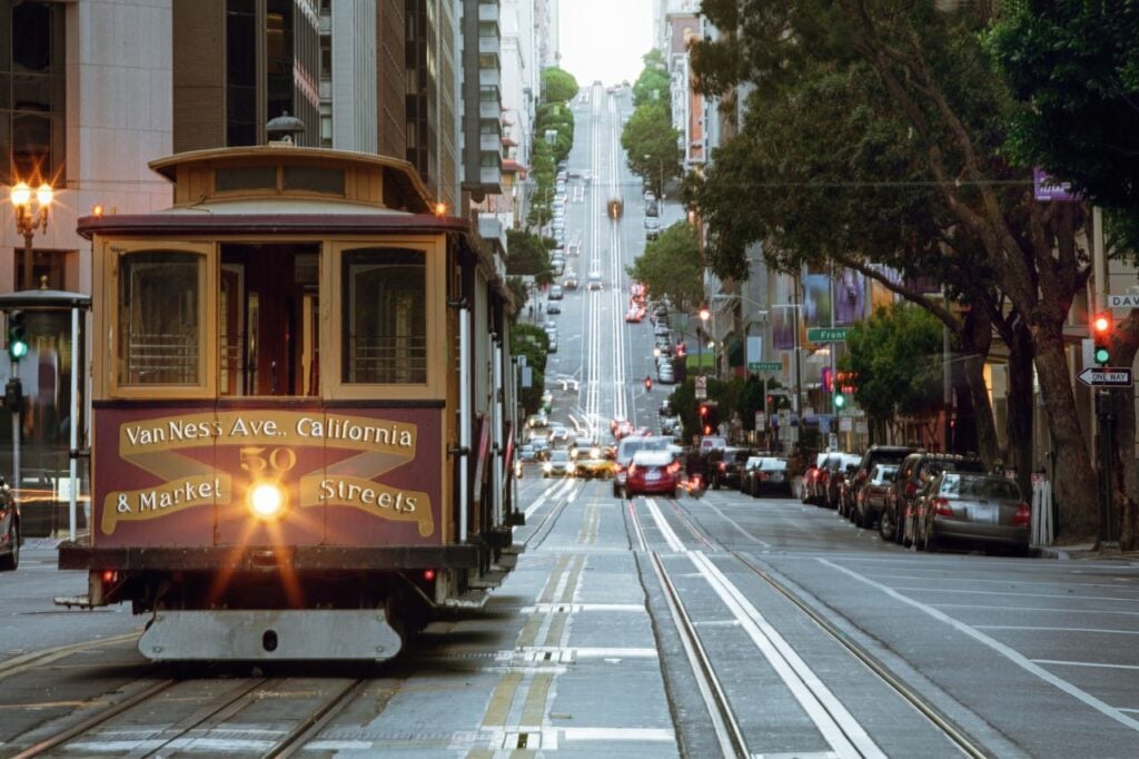 View of historical cable car on famous van ness ave in san francisco